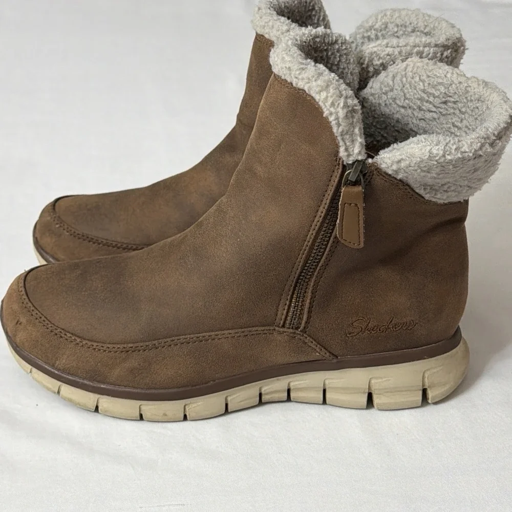 Skechers Winter Snow Boots Womens 9 Synergy‎ Collab Brown Zip Faux Fur 44779 Fit